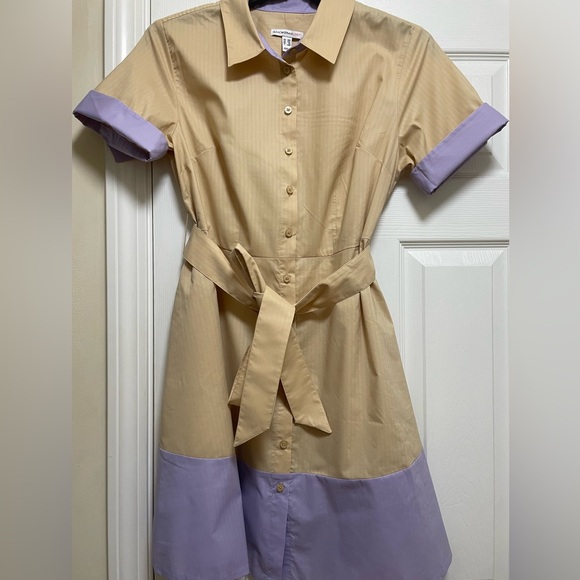 Classic Tan and Purple Button-Up Dress with pockets - Picture 1 of 4